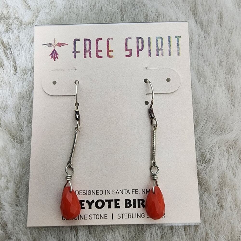 Peyote Bird .925 Sterling Silver Red Orange Coral Dangle Drop Earrings NWT